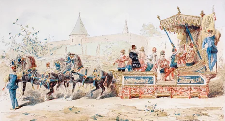 Horse Drawn Decorated Wagon Carrying Professional Musicians, 16th Century, 1886